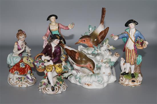 Late Meissen porcelain group of robins and nest and two pairs of Contintental figures (faults)